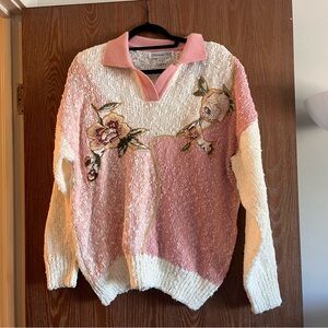 Diamond Hill vintage 80s beaded knit collared sweater pink white medium